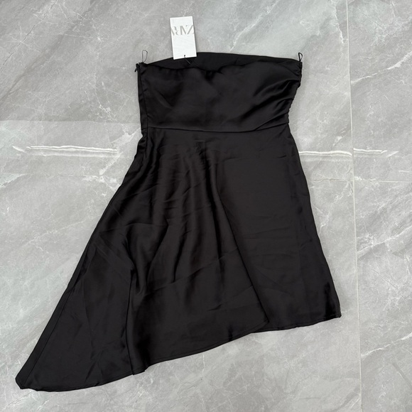 Women’s Zara Strapless Satin Side Effect Asymmetrical Mini Dress Small - Picture 11 of 16